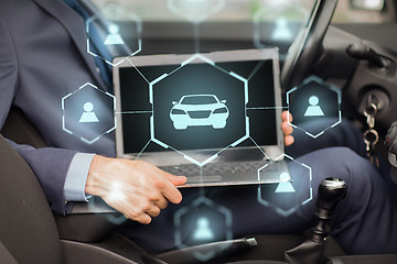 Image showing businessman with laptop and car sharing icons