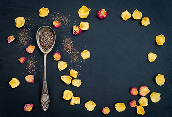 Image showing Floral tea and rose petals frame