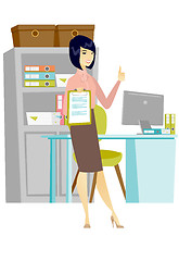 Image showing Business woman with clipboard giving thumb up.