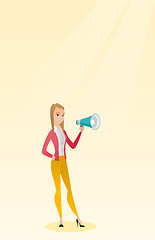 Image showing Young woman speaking into a megaphone.