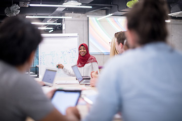 Image showing Muslim businesswoman giving presentations at office