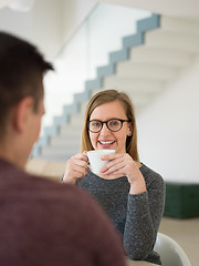 Image showing couple enjoying morning coffee and strawberries