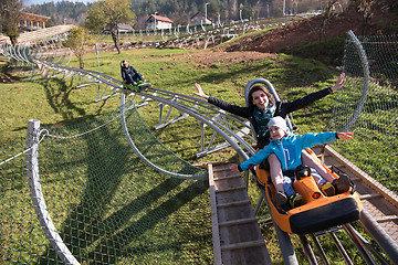 Image showing mother and son enjoys driving on alpine coaster