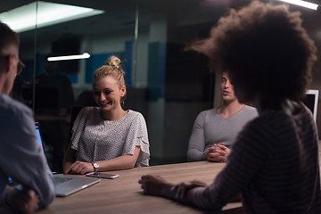 Image showing Multiethnic startup business team in night office