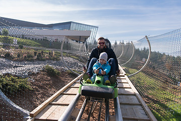 Image showing father and son enjoys driving on alpine coaster