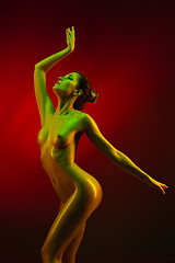 Image showing fashion art photo of elegant nude model in the light colored spotlights