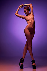 Image showing fashion art photo of elegant nude model in the light colored spotlights