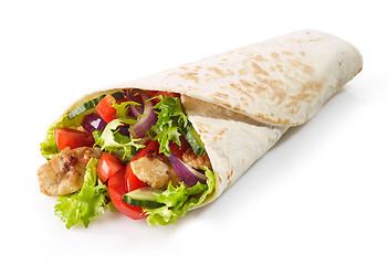 Image showing Tortilla wrap with fried chicken meat and vegetables