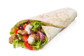 Image showing Tortilla wrap with fried chicken meat and vegetables