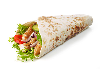 Image showing Tortilla wrap with fried chicken meat and vegetables