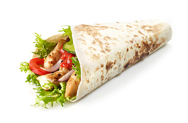 Image showing Tortilla wrap with fried chicken meat and vegetables