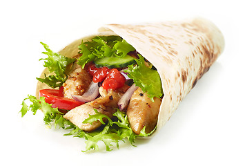 Image showing Tortilla wrap with fried chicken meat and vegetables