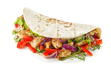 Image showing Tortilla wrap with fried chicken meat and vegetables