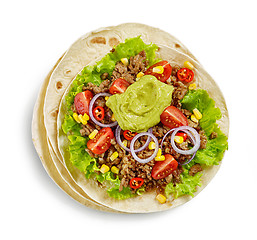 Image showing Tortilla wrap with fried minced meat and vegetables