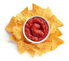 Image showing corn chips nachos and salsa sauce