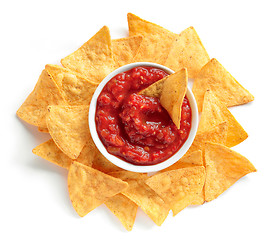 Image showing corn chips nachos and salsa sauce