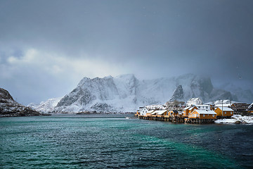 Image showing Yellow rorbu houses, Lofoten islands, Norway