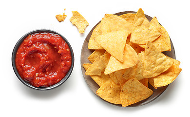 Image showing corn chips nachos and salsa sauce