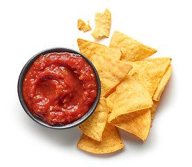 Image showing corn chips nachos and salsa sauce