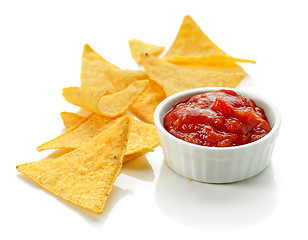 Image showing corn chips nachos and salsa sauce