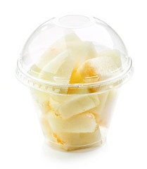 Image showing fresh melon pieces salad in plastic cup