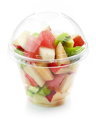 Image showing fresh fruit pieces salad in plastic cup