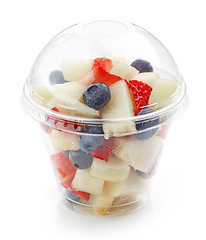 Image showing fresh fruit pieces salad in plastic cup