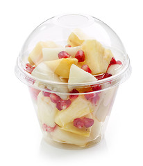 Image showing fresh fruit pieces salad in plastic cup