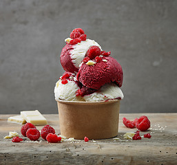 Image showing white chocolat ice cream and raspberry sorbet