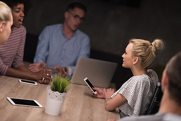 Image showing Multiethnic startup business team in night office