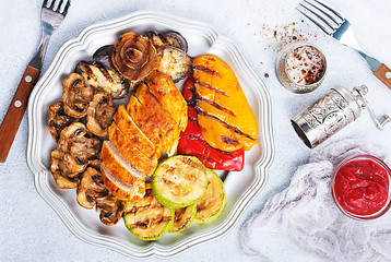 Image showing chicken barbecue and grilled vegetables