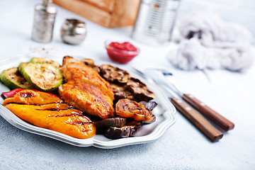 Image showing chicken barbecue and grilled vegetables