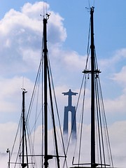 Image showing Yacht Masts & Christ Statue.