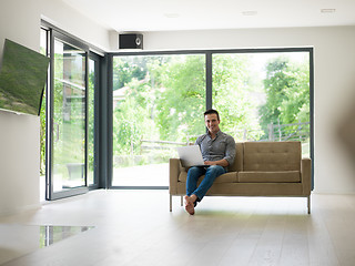 Image showing Man using laptop in living room