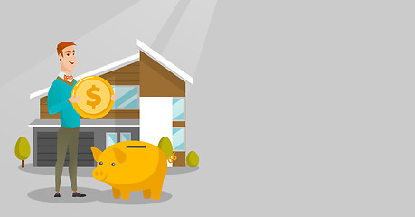 Image showing Man saving money in piggy bank for buying house.