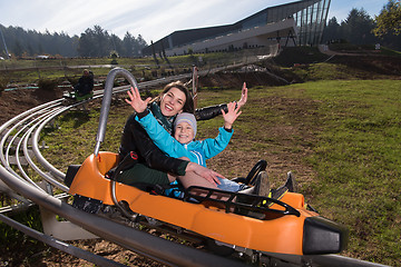 Image showing mother and son enjoys driving on alpine coaster