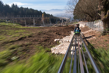 Image showing father and son enjoys driving on alpine coaster