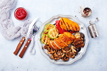 Image showing chicken barbecue and grilled vegetables