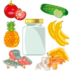 Image showing Fruits and vegetables,fish,mushrooms and glass bank.Vector illustration