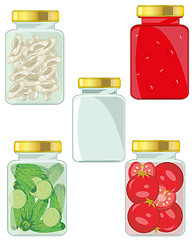 Image showing Glass banks with canned meal mushrooms,vegetables,compote.Vector illustration