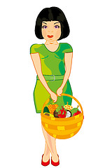 Image showing Vector illustration of the young girl with braided basket full exotic fruit