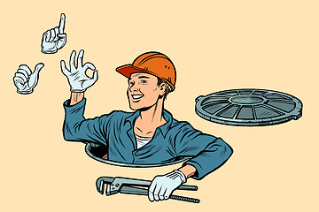 Image showing Plumber in the manhole. set of gestures okay attention like