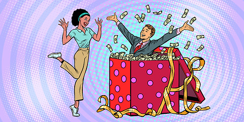 Image showing businessman husband lots of money holiday gift box. African woman funny reaction joy