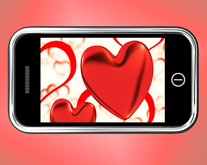 Image showing Red Hearts On Mobile Show Love And Romance