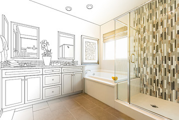 Image showing Custom Master Bathroom Design Drawing Gradating to Finished Phot