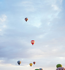 Image showing Group of air balloons flying in the sky