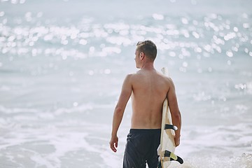 Image showing Young surfer against sea