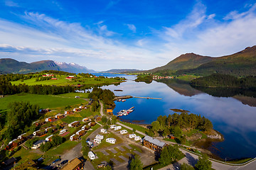 Image showing Beautiful Nature Norway Aerial view of the campsite to relax.