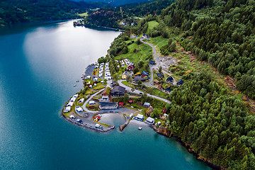 Image showing Beautiful Nature Norway Aerial view of the campsite to relax.