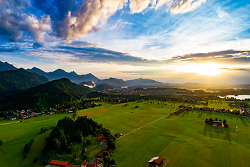 Image showing Panorama from the air sunset Forggensee and Schwangau, Germany, 